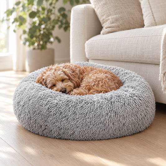 Clover round plush donut dog bed with sleeping cavoodle