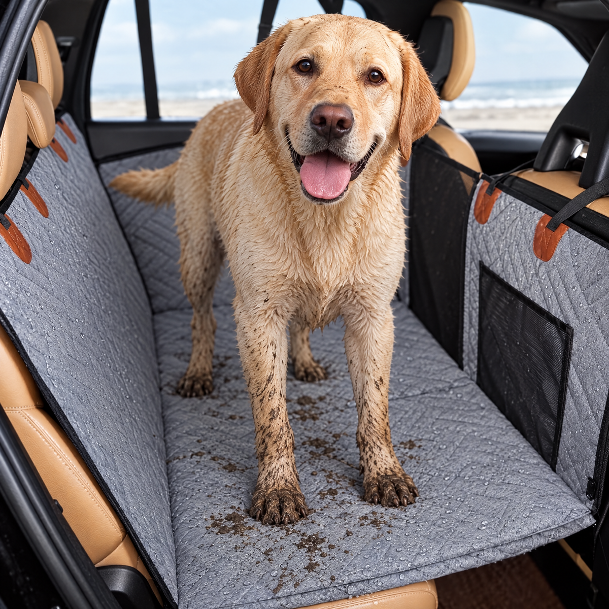 Muddy pawed labrador standing on the Harbour seat cover