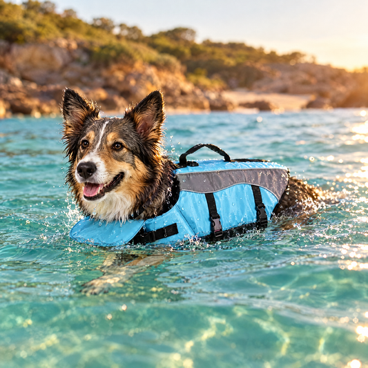 Border collie swimming in the Tideline life jacket