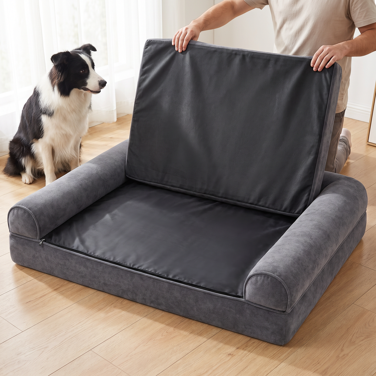 Lifting the zip-off top cover of the Cradle bed to show the inner liner while a border collie watches