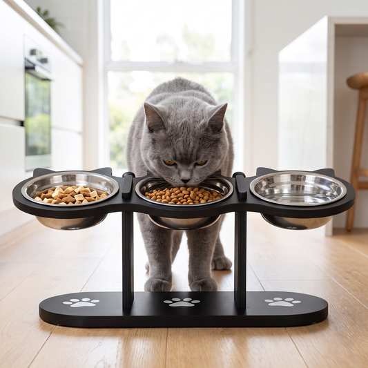 Perch elevated cat bowl stand with three bowls