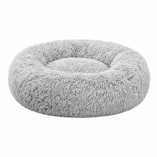 Clover round plush donut dog bed on white background