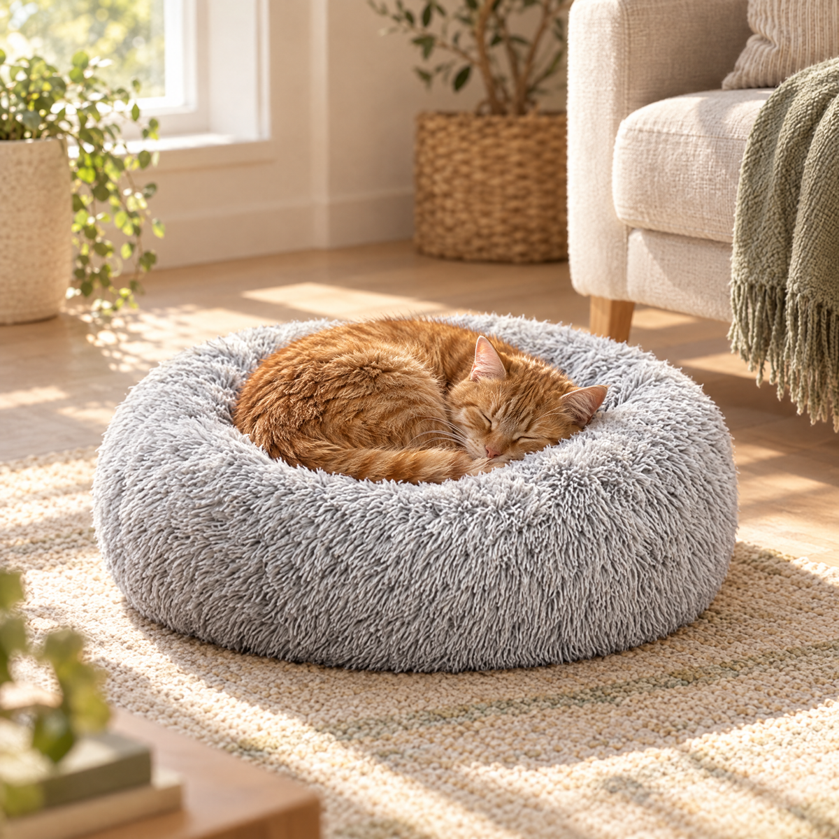 Clover round plush donut bed with sleeping cat