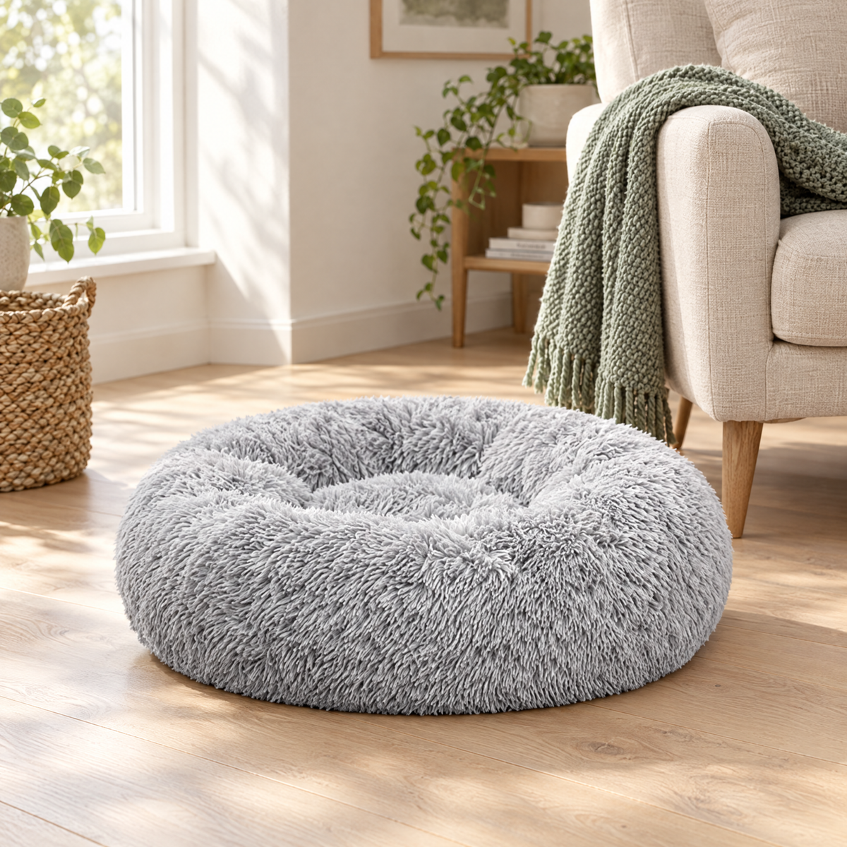 Clover round plush donut dog bed in a living room