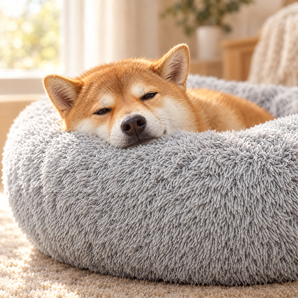 Close up of Clover plush rim with resting dog