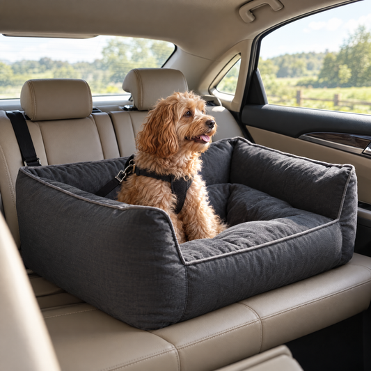 Wren booster bed with dog looking out the car window