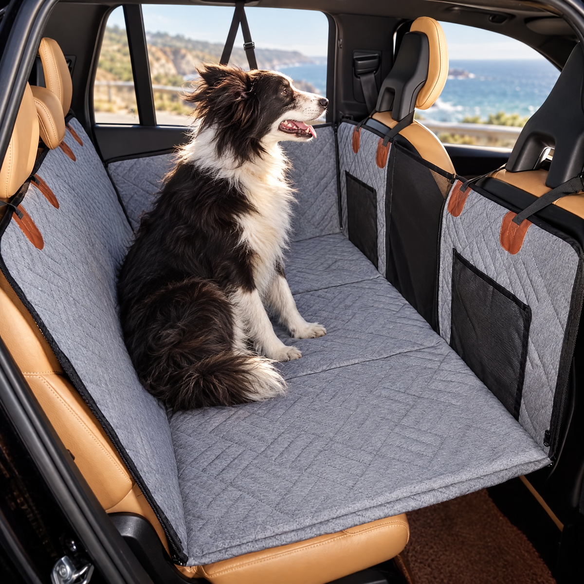 Border collie on the Harbour seat cover looking out the window