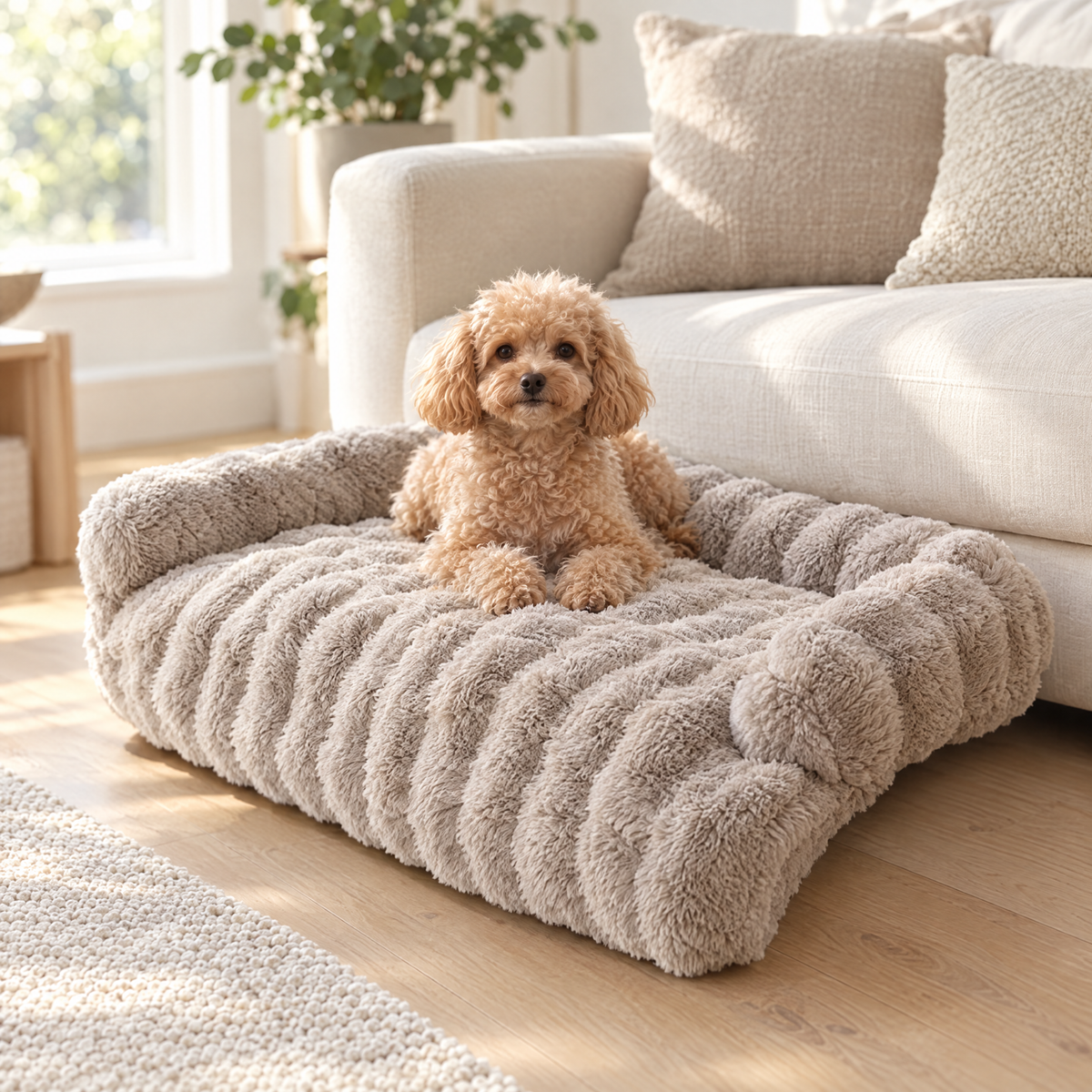 Poodle sitting on the Juniper sofa bed