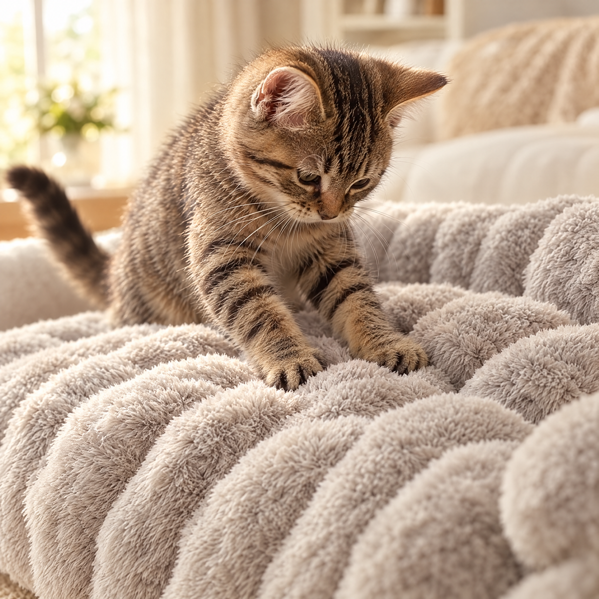 Close up of the Juniper faux rabbit fur texture with a cat