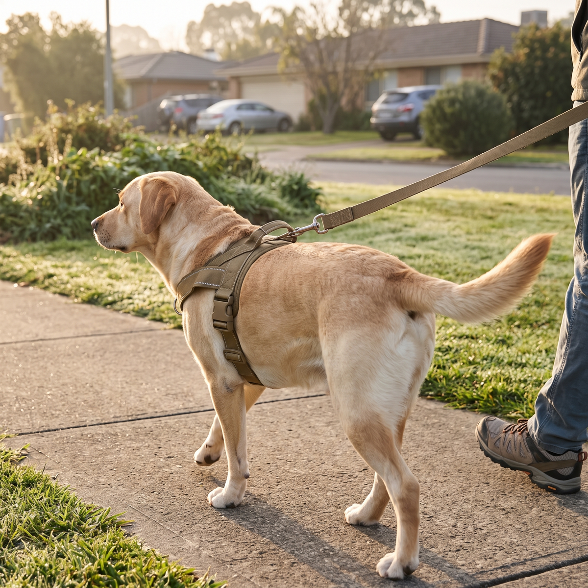 Labrador in the Tactical No-Pull Dog Harness on a morning walk