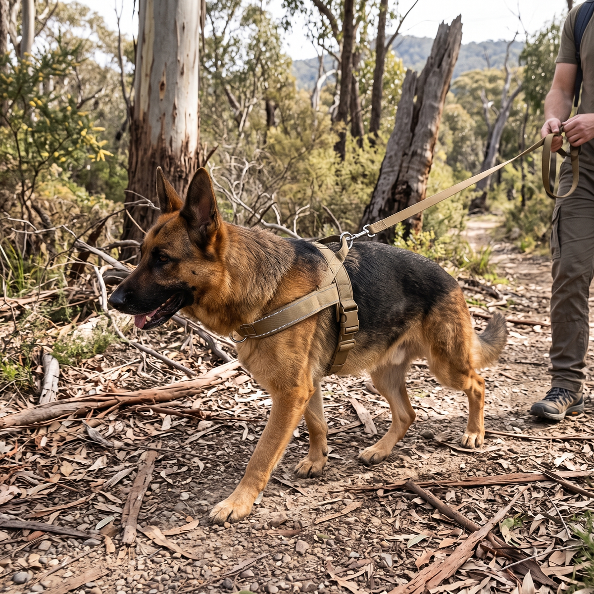 Dog wearing the Tactical No-Pull Dog Harness on a bush trail