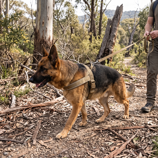 Dog wearing the Tactical No-Pull Dog Harness on a bush trail