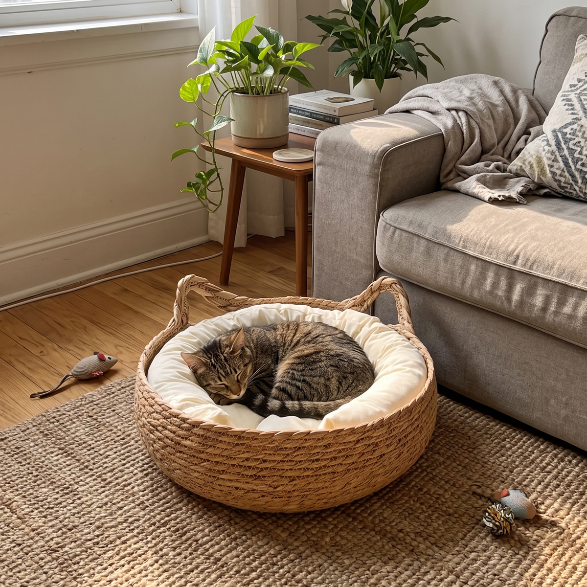 Cat asleep in the Rattan Woven Cat Basket Bed