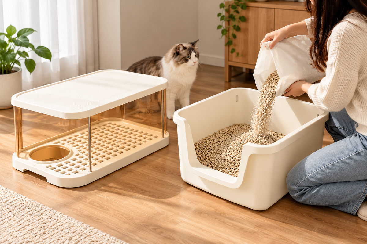 Refilling the Corridor Enclosed Cat Litter Box base with litter, upper section set aside