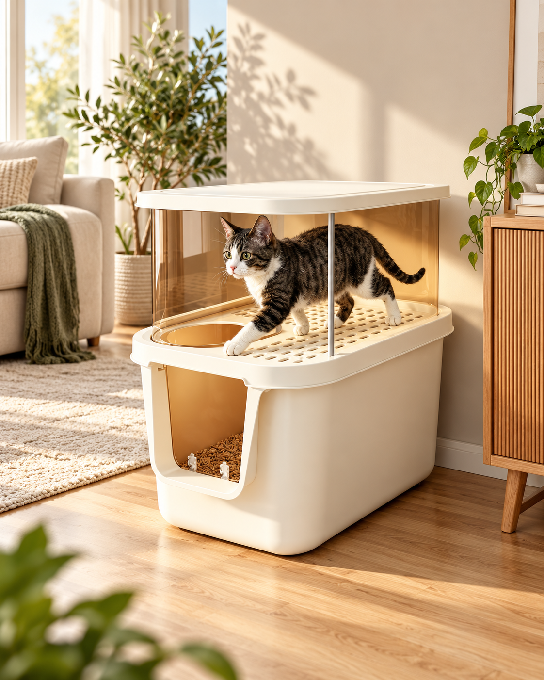 Cat walking across the grid exit of the Corridor Enclosed Cat Litter Box in a sunny living room