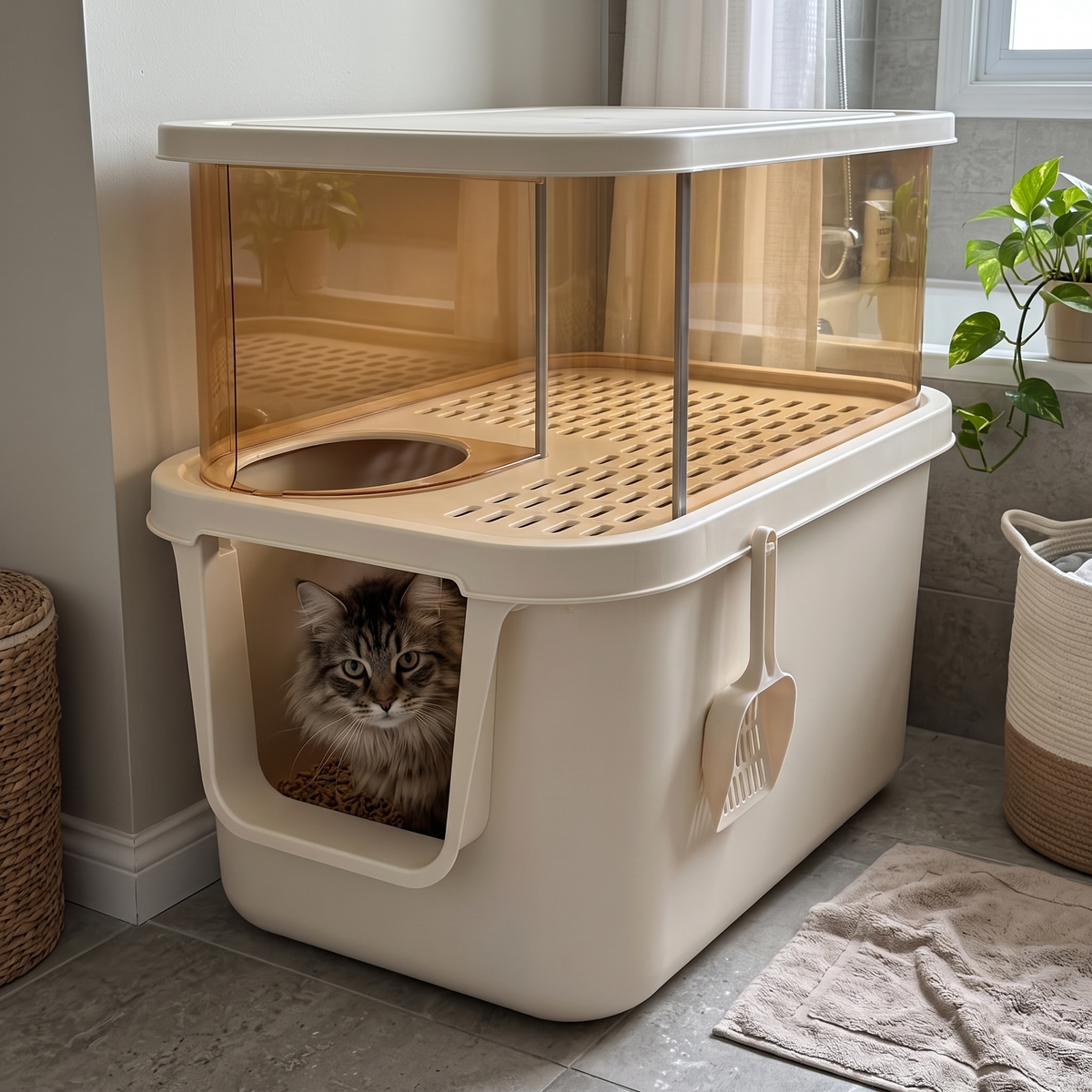 Cat peeking out of the Corridor Enclosed Cat Litter Box