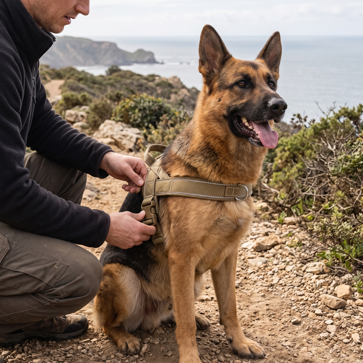 Owner adjusting the Tactical No-Pull Dog Harness by the coast