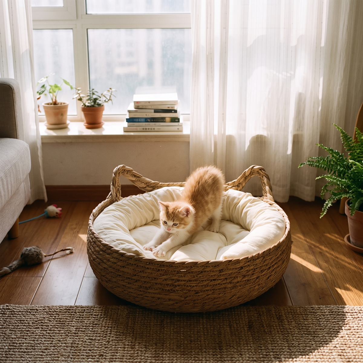 Kitten in the Rattan Woven Cat Basket Bed by a window