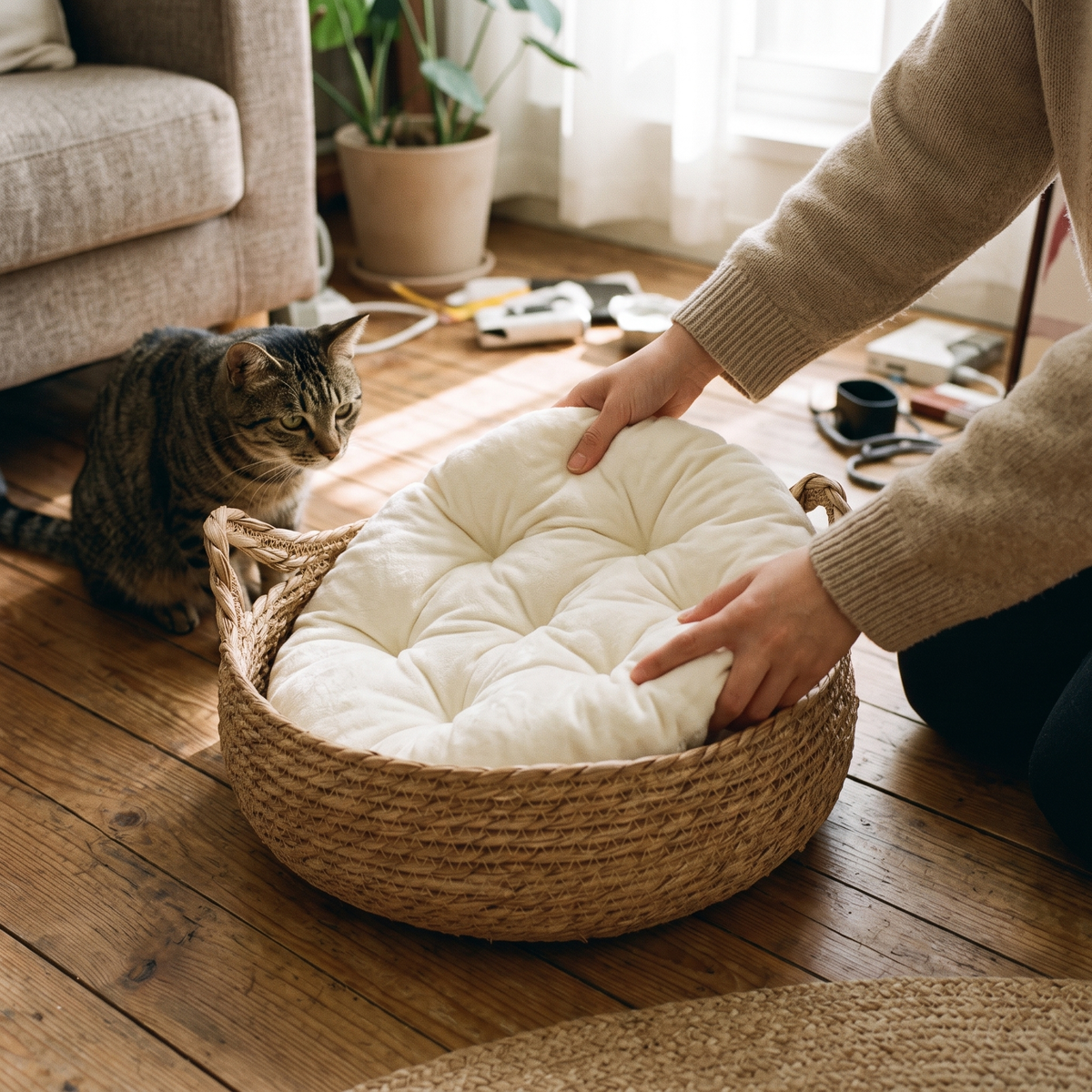 Placing the cushion in the Rattan Woven Cat Basket Bed