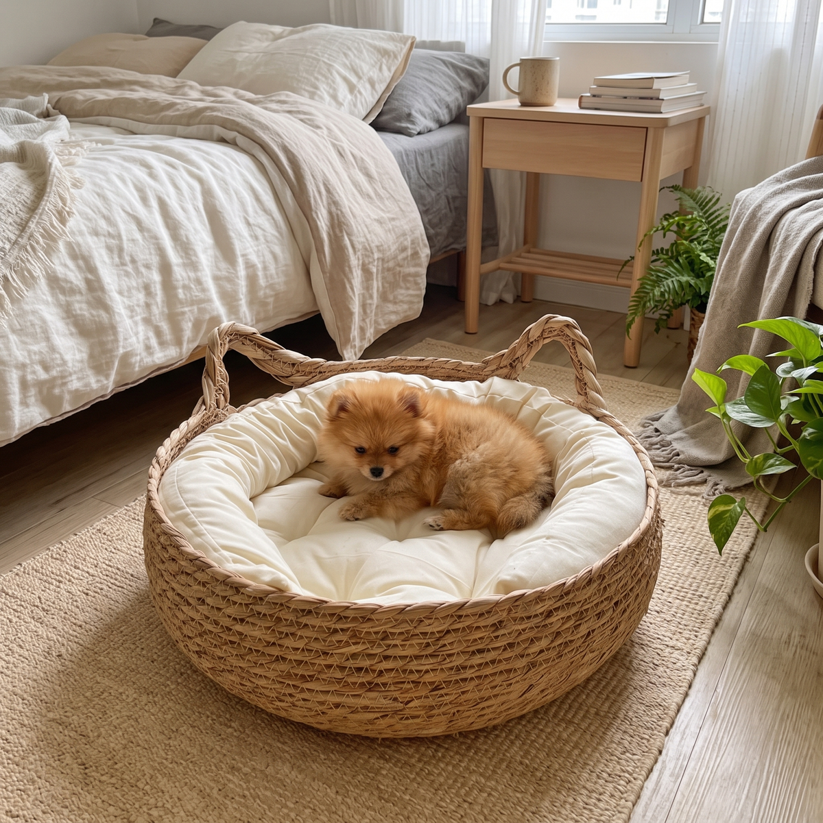Small puppy resting in the Rattan Woven Cat Basket Bed