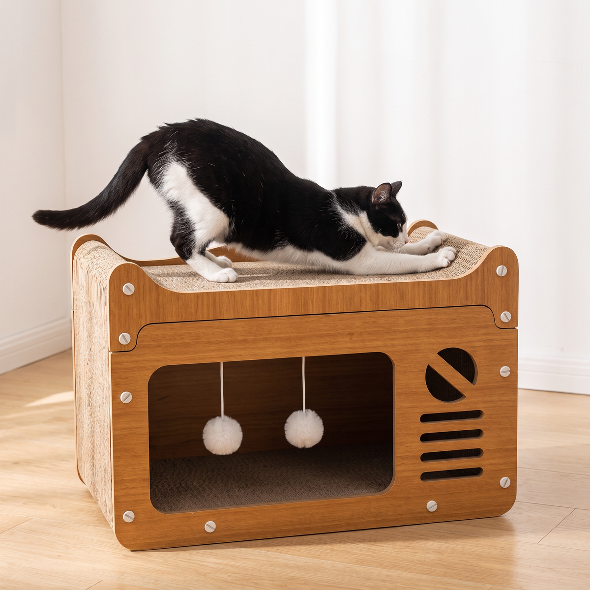 Cat stretching and scratching on the cardboard top of the Hideaway scratching house