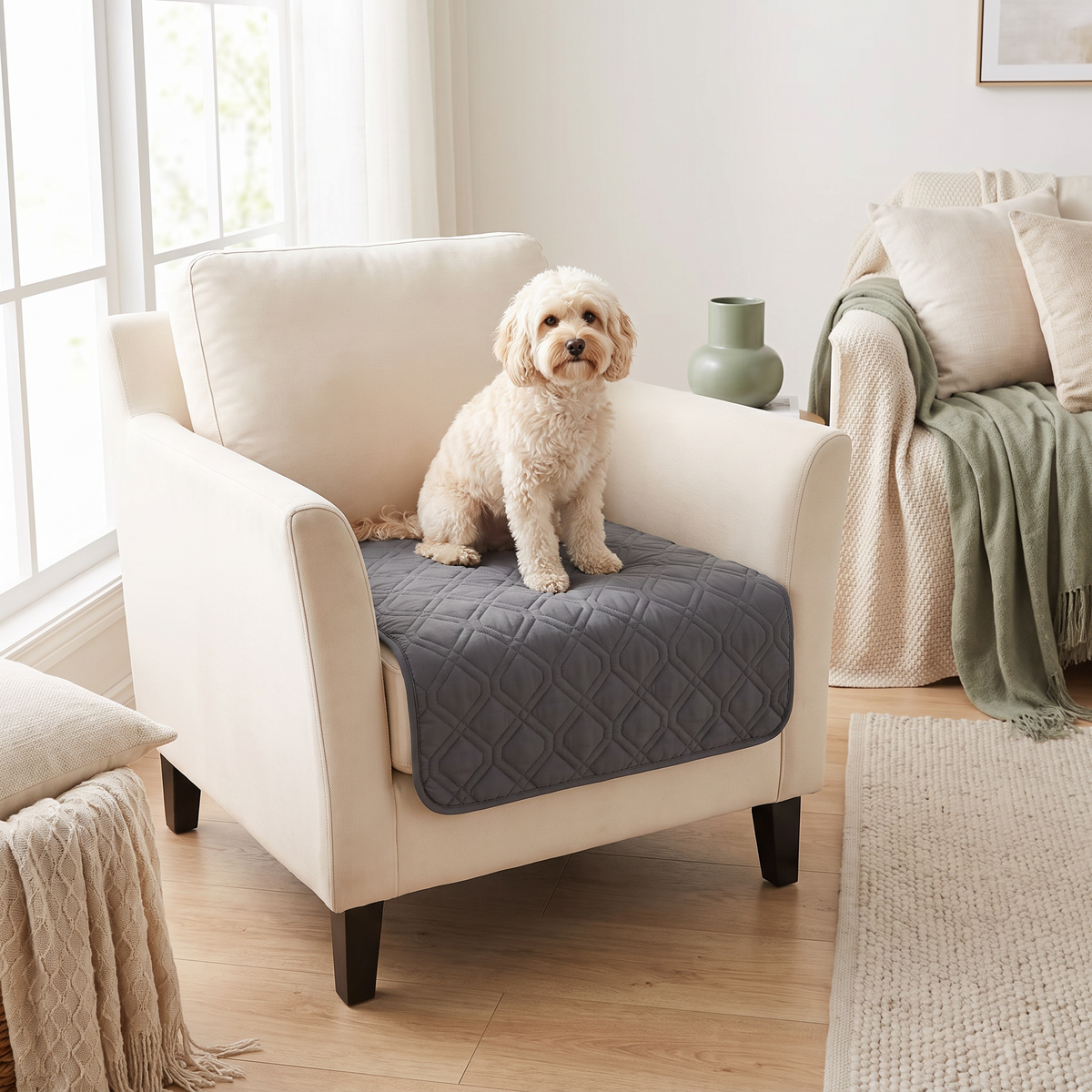 Cavoodle sitting on the Haven quilted cover on a cream armchair
