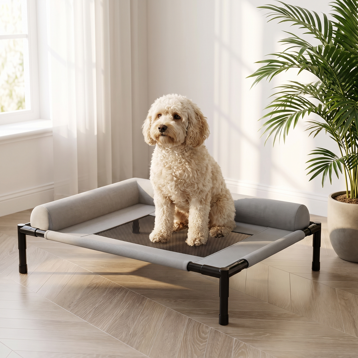 Cavoodle sitting on the Breeze elevated cooling cot beside an indoor plant