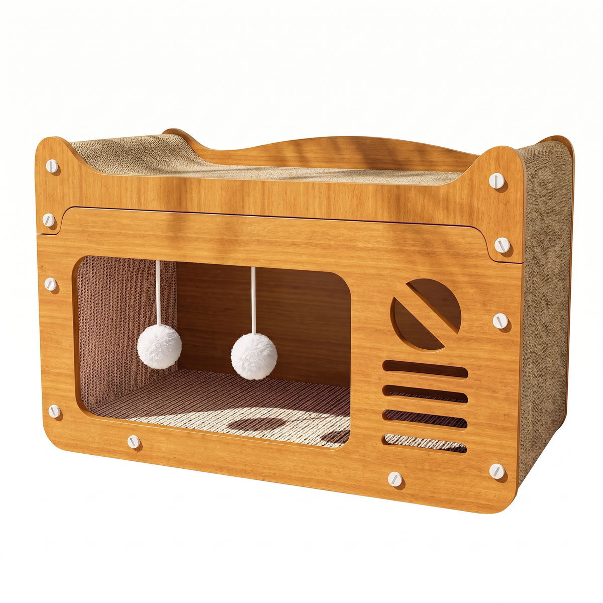 Hideaway two tier cat scratching house on white background