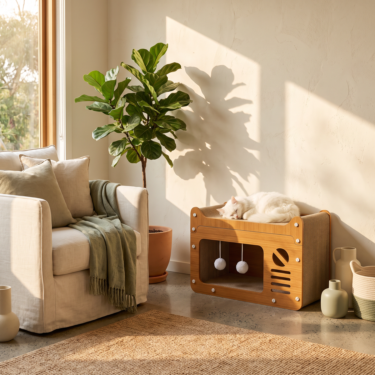 Hideaway cat scratching house in a sunlit living room corner