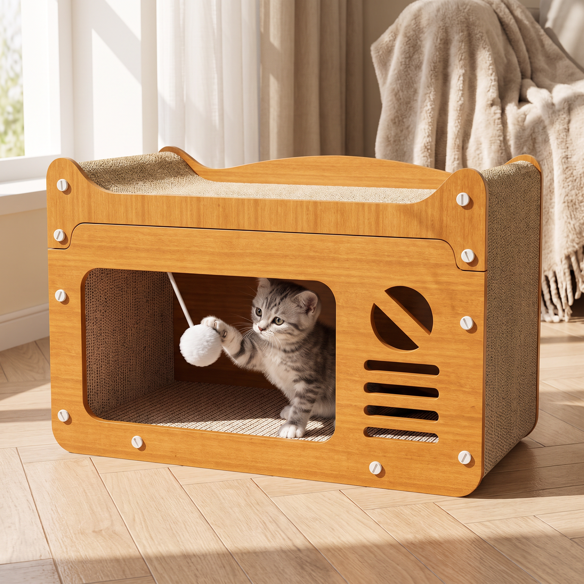 Kitten playing with a hanging ball inside the Hideaway cat scratching house