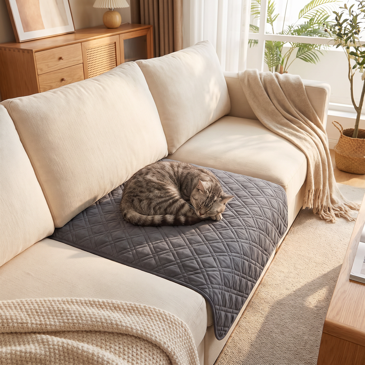 Cat asleep on the Haven quilted cover on a cream sofa seat