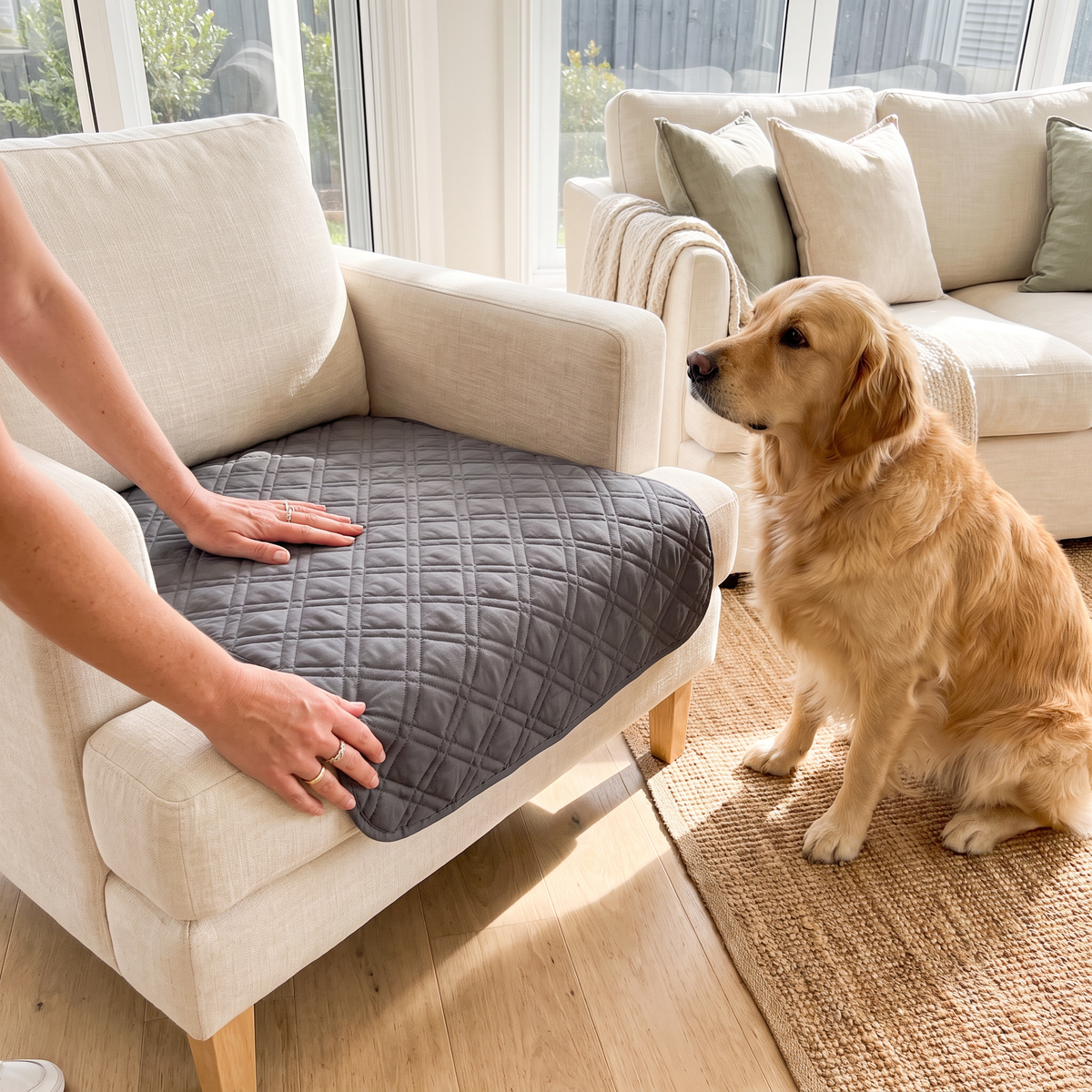 Fitting the Haven quilted cover onto an armchair seat while a golden retriever watches