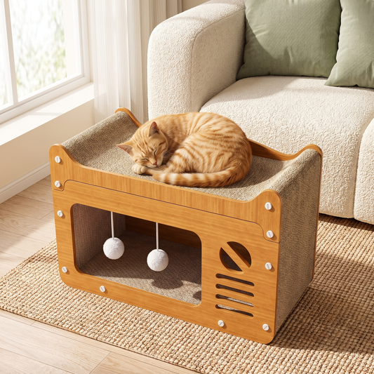 Ginger cat asleep on top of the Hideaway cat scratching house beside a sofa