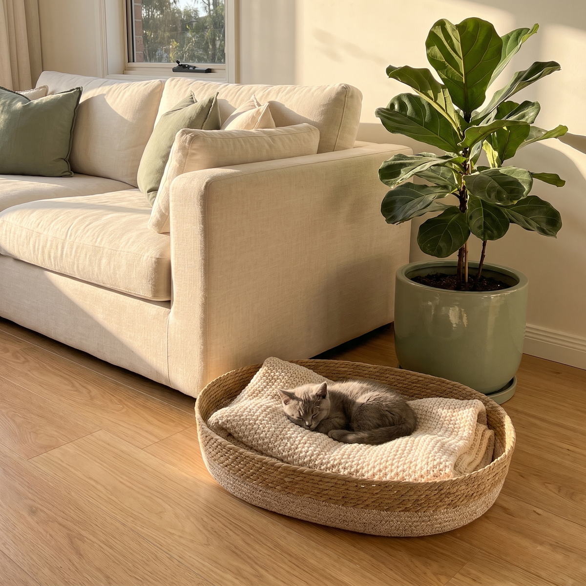Kitten on a blanket in the Nook woven basket beside a sofa