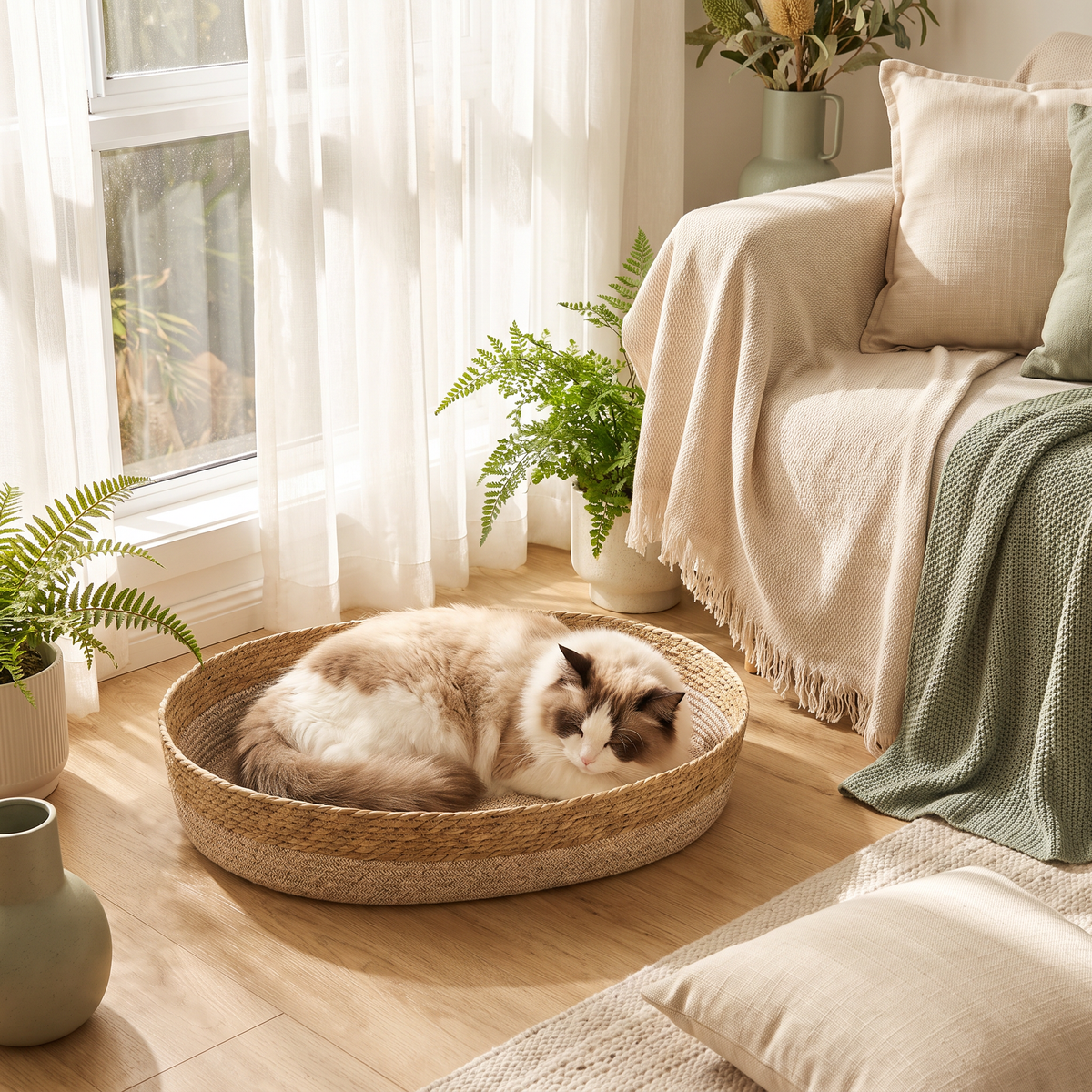 Ragdoll cat asleep in the Nook woven basket by a sunny window