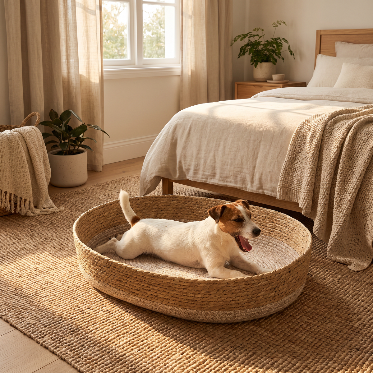 Jack Russell relaxing in the large Nook woven basket in a bedroom