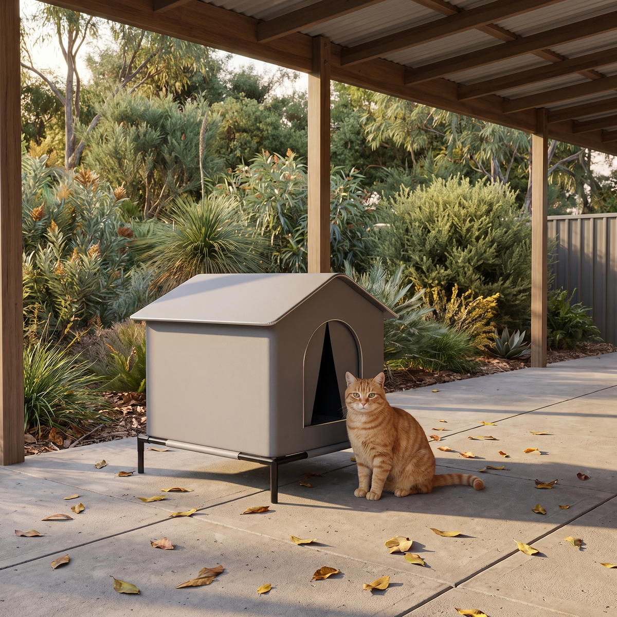 Burrow pet house on its raised stand on a covered patio with a ginger cat