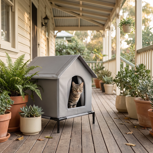 Tabby cat peeking out of the Burrow pet house on a timber verandah