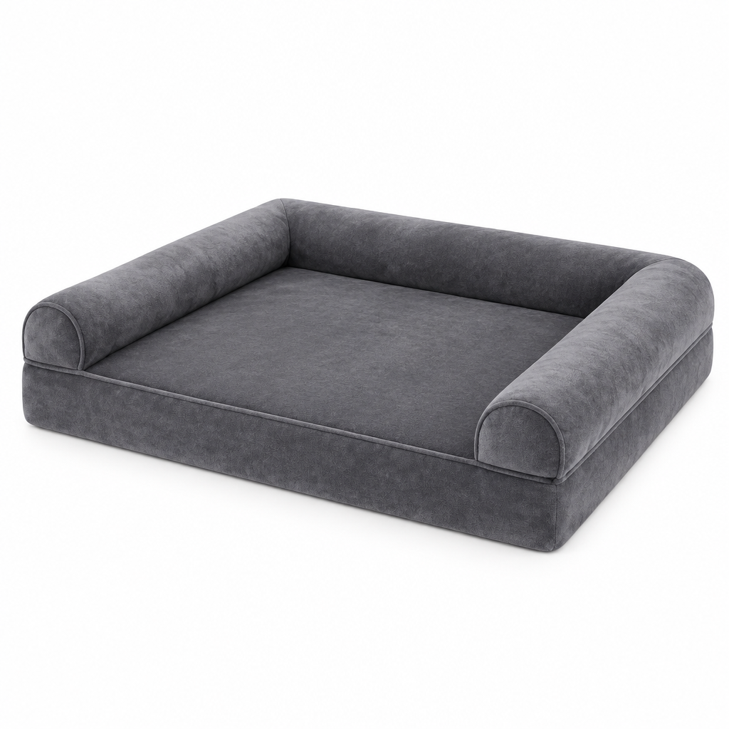 Cradle grey orthopaedic dog bed on white background