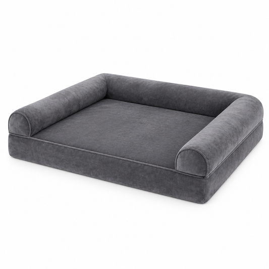 Cradle grey orthopaedic dog bed on white background