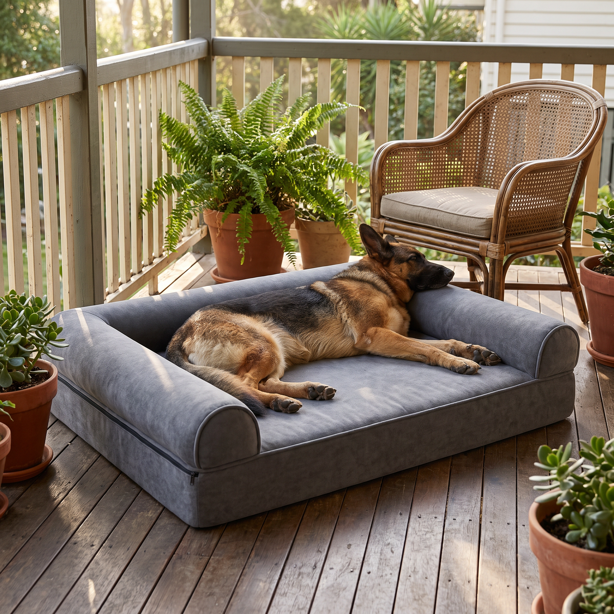 German shepherd stretched out on the Cradle dog bed on a verandah