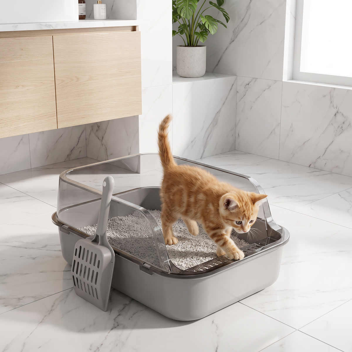 Shelter grey semi enclosed cat litter tray