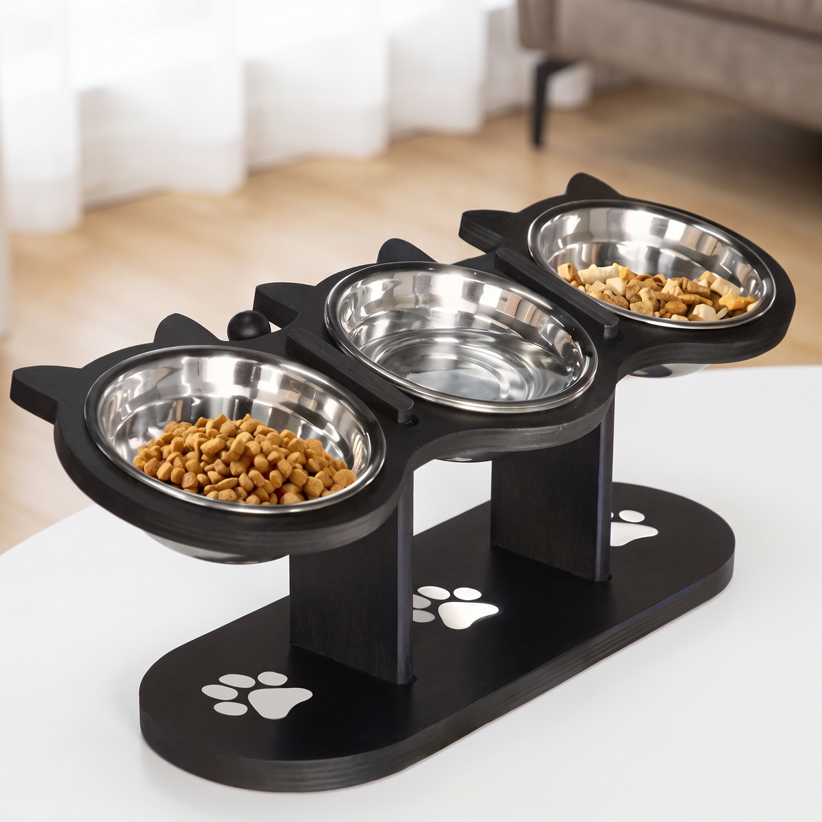 Perch elevated cat bowl stand with three bowls