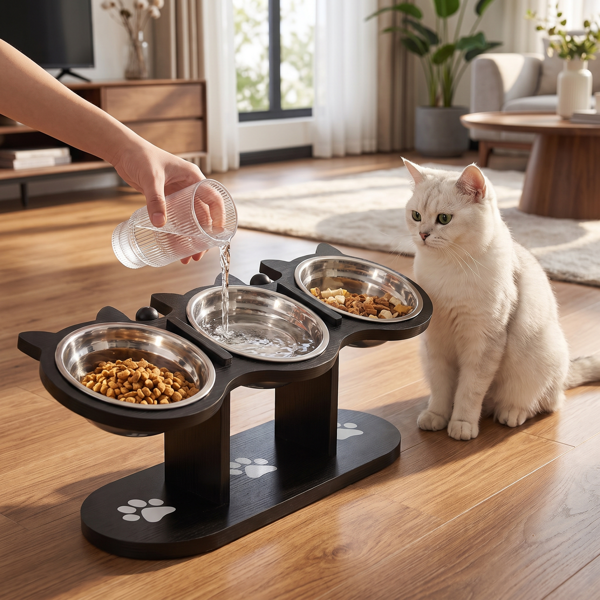 Perch elevated cat bowl stand with three bowls