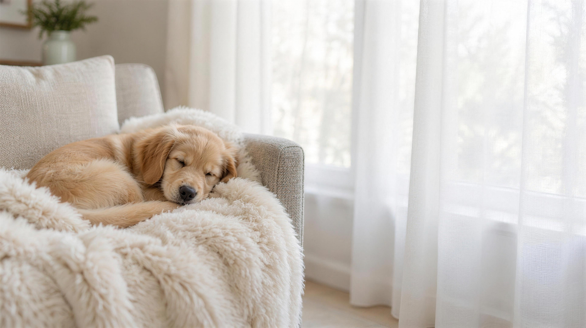 Golden retriever puppy curled in a cream faux fur throw by the window
