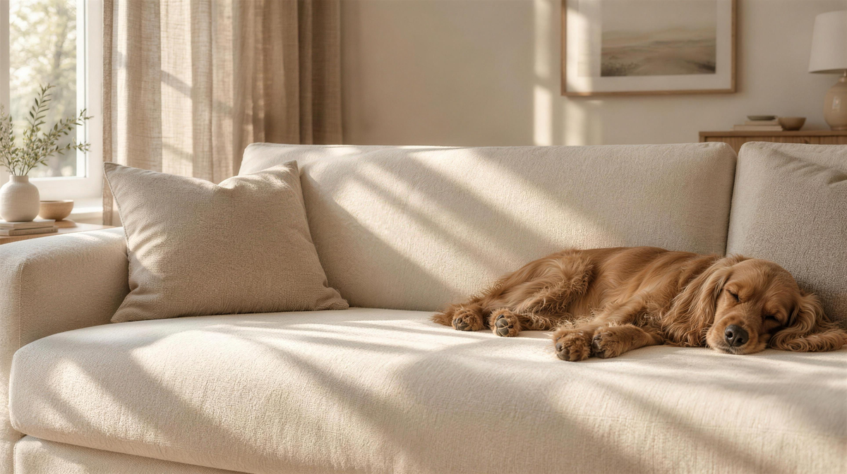 Golden cocker spaniel asleep on a cream sofa in morning sun