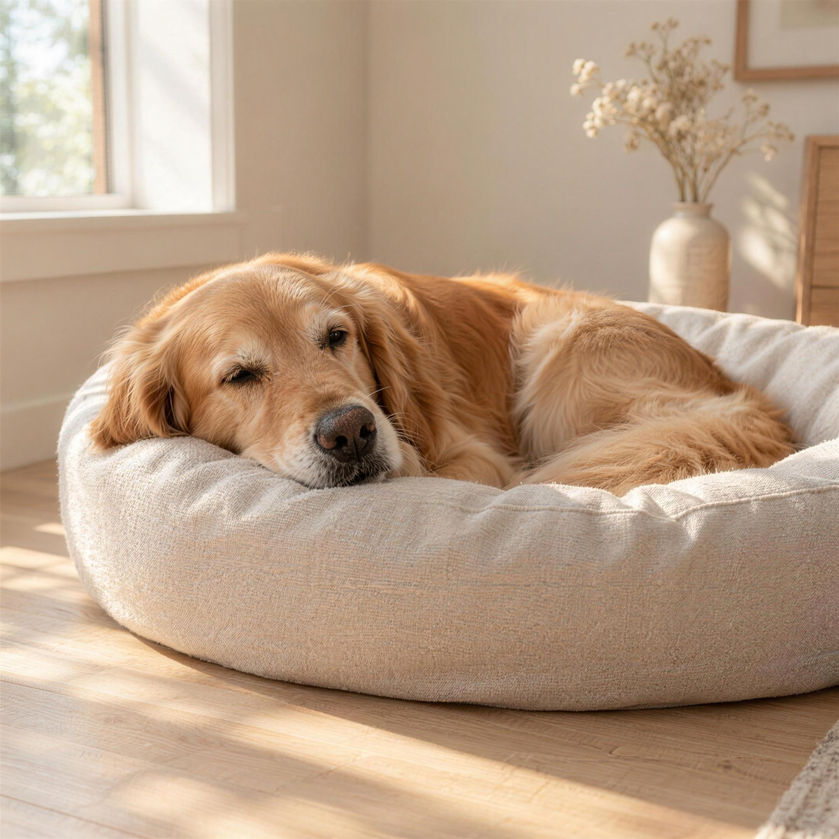 Golden retriever resting on a round cream linen dog bed