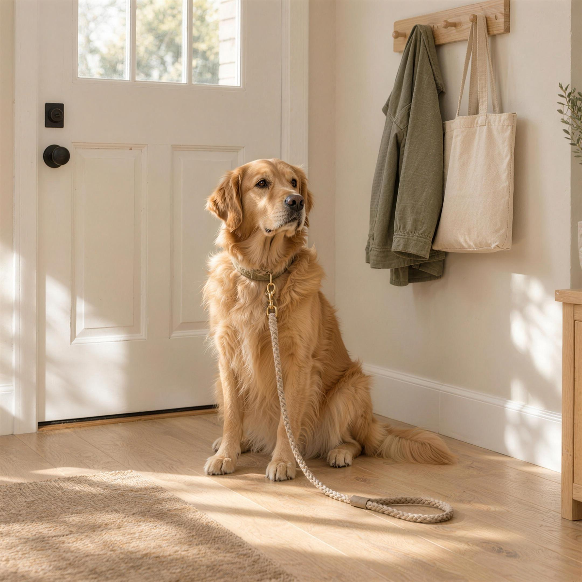 Golden retriever waiting by the front door with a rope leash